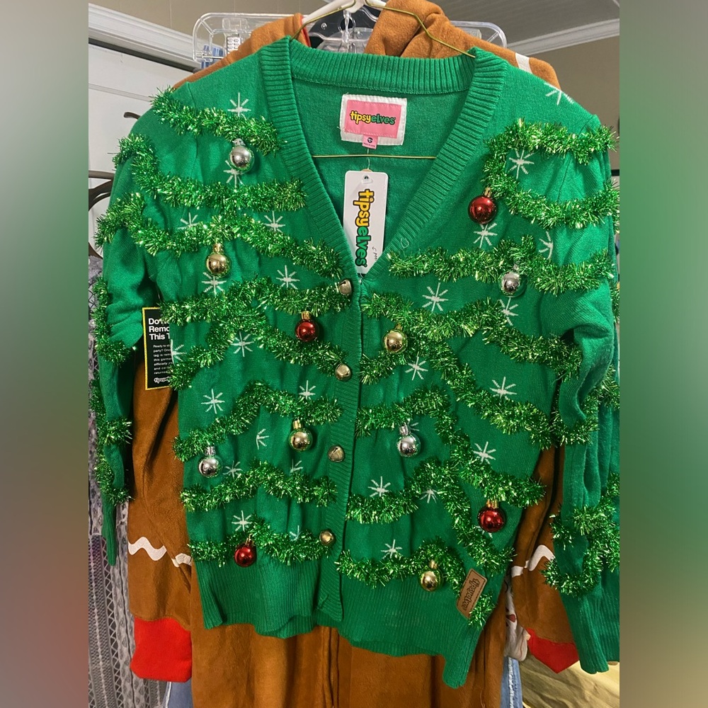 Tipsy Elves Green Holiday Sweater with Ornaments